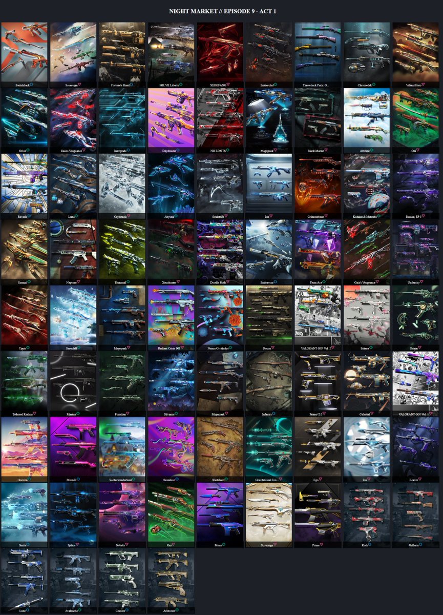 KLaboratories's tweet photo. NIGHT MARKET 23 #VALORANT

- ALL WEAPON SKINS THAT COME ON THE NIGHT MARKET.
- ALL THE MELEE THAT COME AT THE NIGHT MARKET. https://t.co/gxgW5H2Xtg