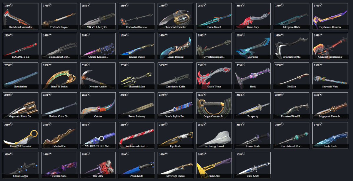 KLaboratories's tweet photo. NIGHT MARKET 23 #VALORANT

- ALL WEAPON SKINS THAT COME ON THE NIGHT MARKET.
- ALL THE MELEE THAT COME AT THE NIGHT MARKET. https://t.co/gxgW5H2Xtg