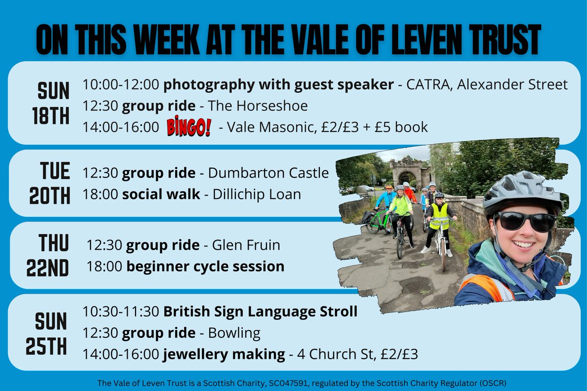 Here's what we've got coming up this week!

To book your spot, give us a call on 01389 752 629, email us at info@valeofleventrust.com or click here to book on Eventbrite: eventbrite.co.uk/o/vale-of-leve…

#yourcommunity #cyclingscotland #valeofleventrust #westdunbartonshire #photography
