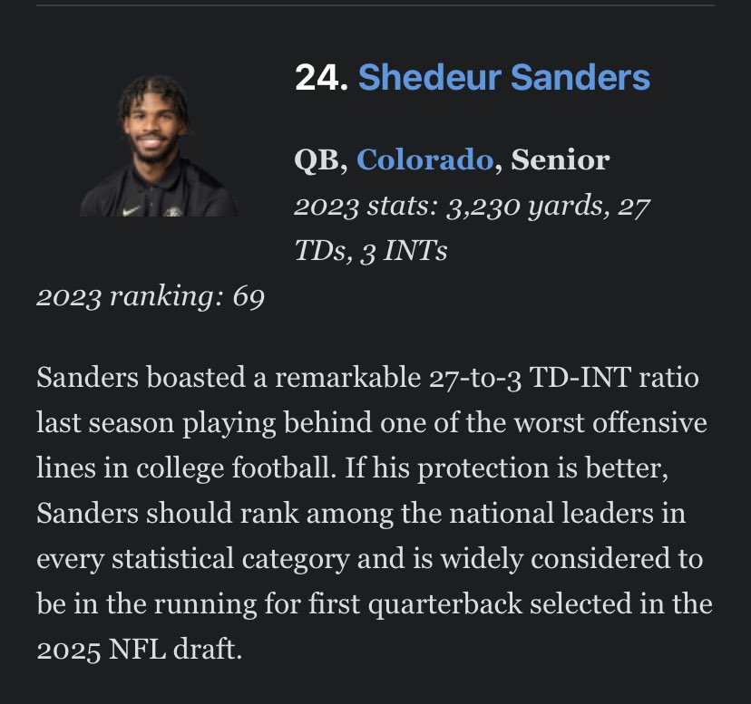 Zleefull's tweet photo. “In the running for first quarterback selected in the 2025 NFL Draft”

Goes 24th. The top 10 are definitely great picks but 24? Shedeur gotta go crazy this season. https://t.co/5KWJCiECnw