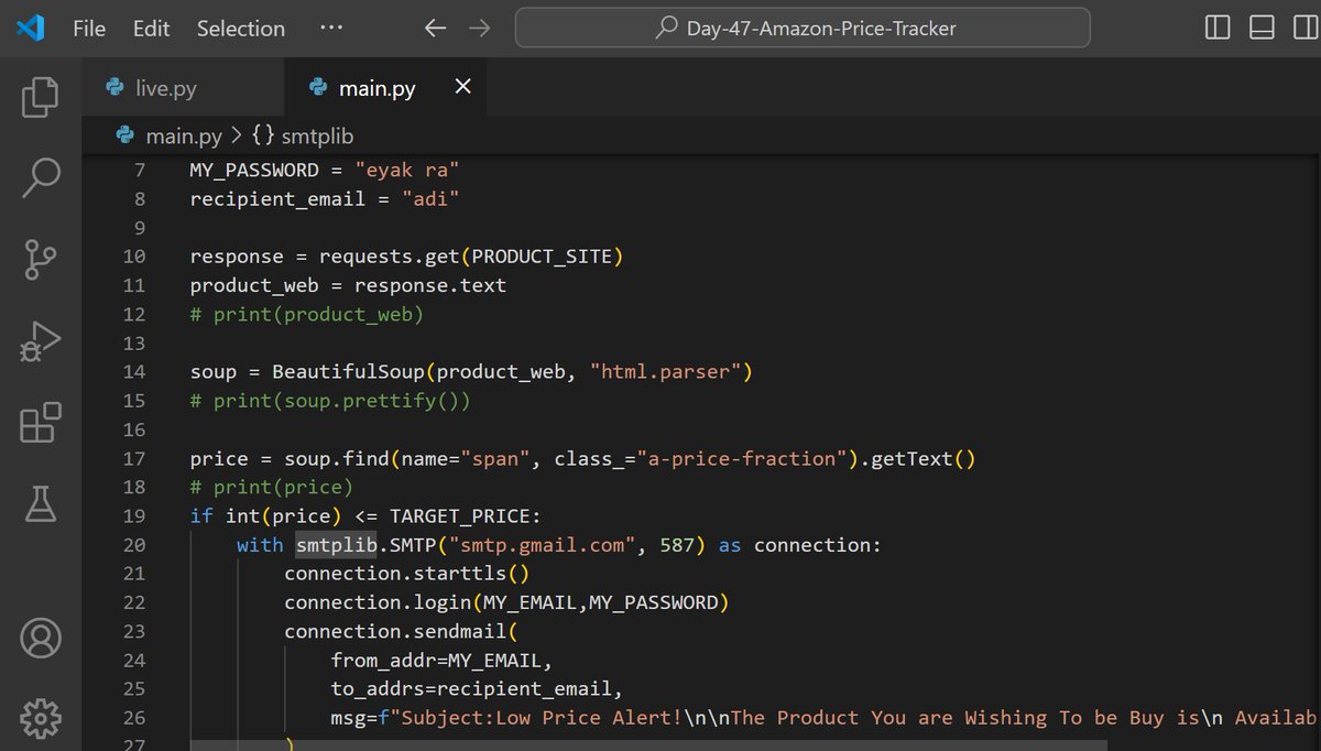aditya_kr86's tweet photo. 🛒 Day 45: Amazon Price Tracker 💰
Day 45 of my 100 Days of Python Coding by Angela Yu is complete! Today, I built an Amazon Price Tracker to monitor product prices and send alerts.🚀✨

#100DaysOfCode #Python #WebScraping #BeautifulSoup #AmazonTracker #CodingJourney https://t.co/jei08PcJv3