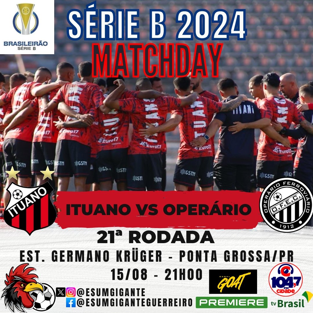 EsUmGigante's tweet photo. "GALO RUBRO NEGRO ALTANEIRO" 🎶

🏆 Brasileirão Série B 
⚽ ITUANO X Operário/PR
🕛 21H00
🏟️ Estádio Germano Krüger - Ponta Grossa/PR
🎥 TV Brasil, Goat e Premiere 
📻 Rádio Cidade 104,7 FM

#ituano #ituanofc #SerieB #BrasileiraoSerieB #operario #OFEC #SerieBnoGOAT https://t.co/CoCAWCw5bN
