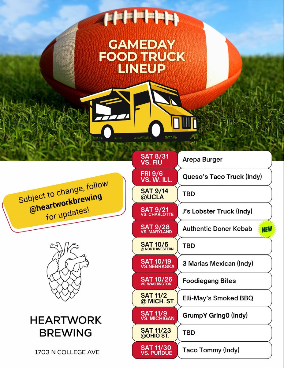 HeartworkBrewCo's tweet photo. a very demure, very mindful food truck schedule for Indiana Football #neverdaunted https://t.co/pb6qW6ZJVk