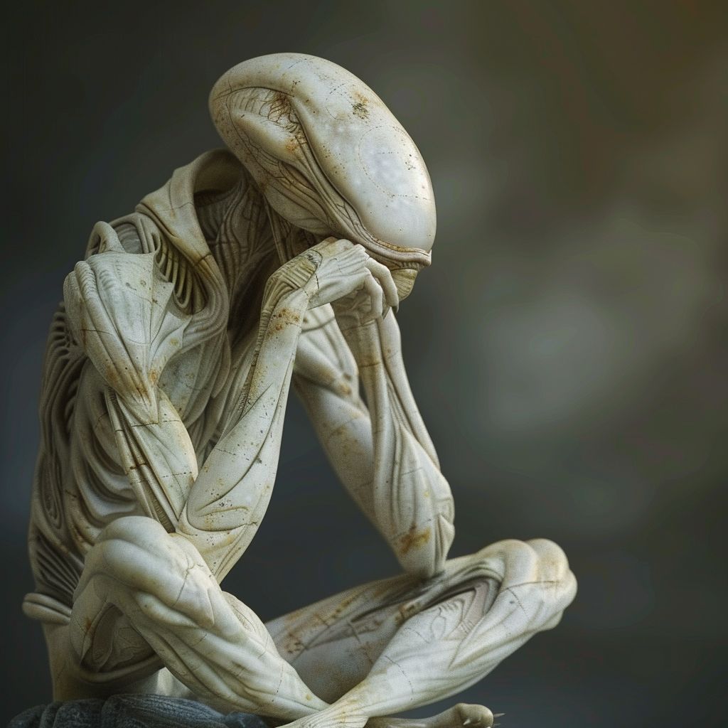HumanAIArt's tweet photo. "Universal Pondering", Amidst the beauty of the cosmos, an alien ponders the essence of life and existence. #AlienExistence #CosmicBeauty #SurrealReflections #LifeEssence https://t.co/k8SJPJLQig