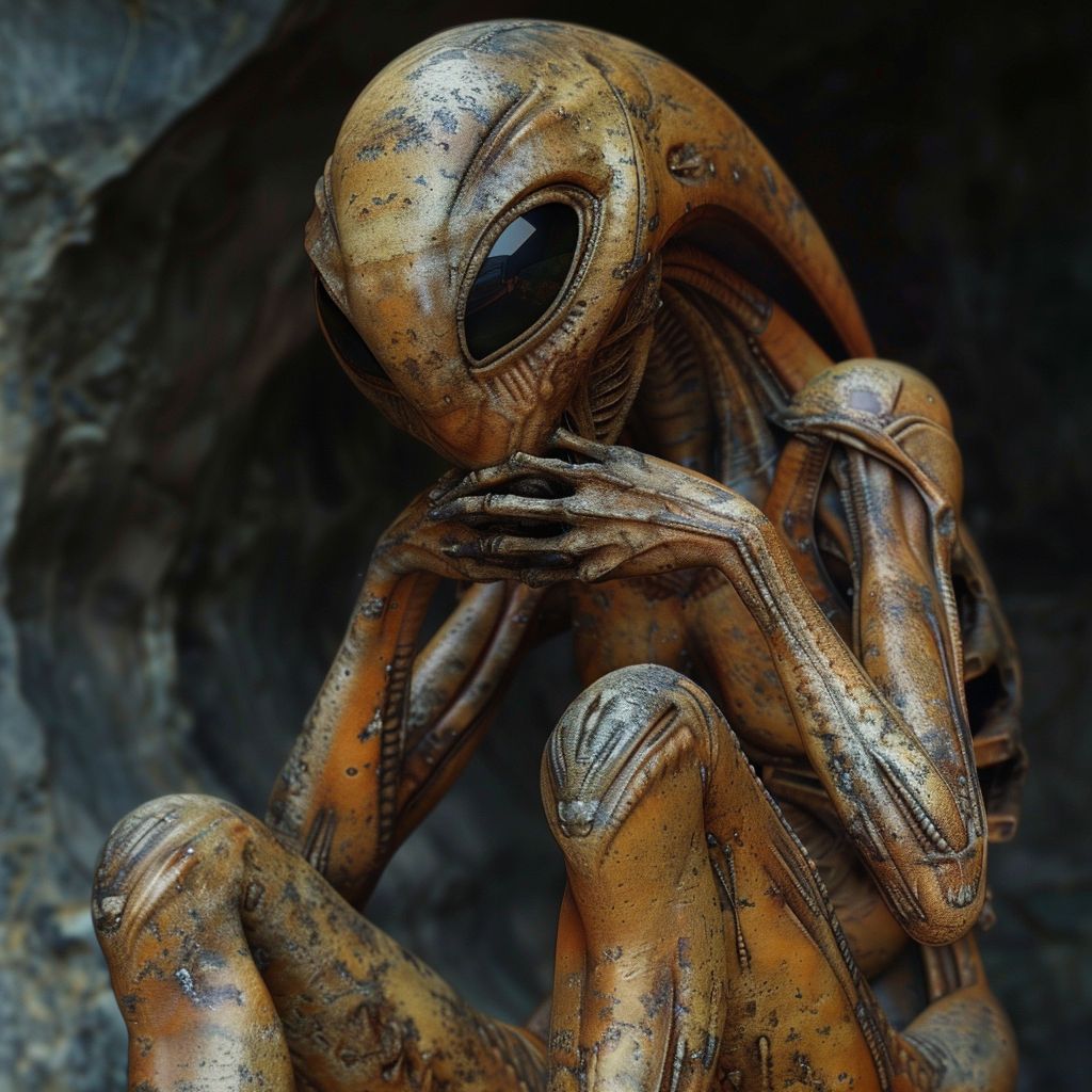 HumanAIArt's tweet photo. "Universal Pondering", Amidst the beauty of the cosmos, an alien ponders the essence of life and existence. #AlienExistence #CosmicBeauty #SurrealReflections #LifeEssence https://t.co/k8SJPJLQig
