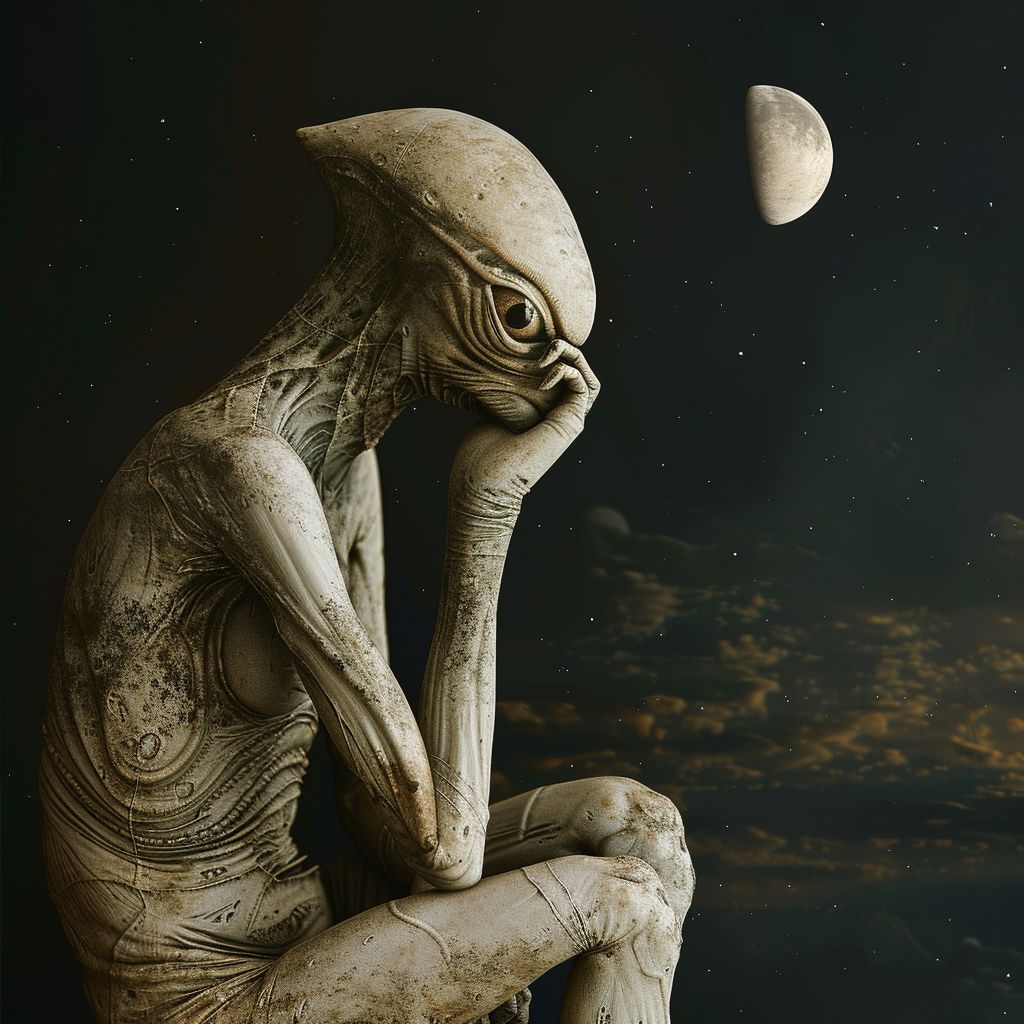HumanAIArt's tweet photo. "Universal Pondering", Amidst the beauty of the cosmos, an alien ponders the essence of life and existence. #AlienExistence #CosmicBeauty #SurrealReflections #LifeEssence https://t.co/k8SJPJLQig
