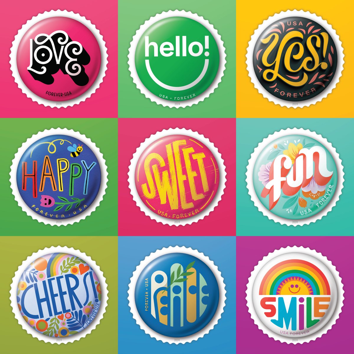 Today marks the first day of issue of the USPS Pinback Button postage stamps. The series was created by a compilation of 10 artists, and we had the distinct honor of creating the "Kudos!" stamp. dkngstudios.com/blog/2024/8/14…