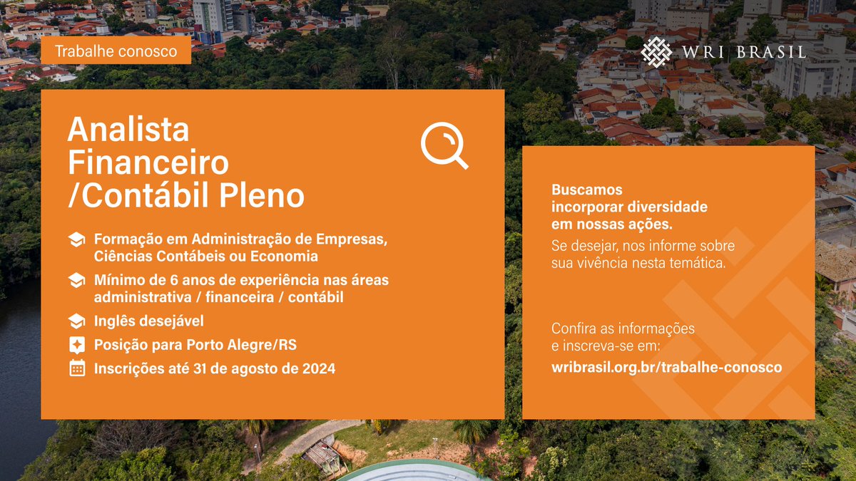 Faça parte da equipe do WRIBrasil: estamos em busca de uma pessoa para a vaga de Analista Financeiro/Contábil Pleno.
 
Confira mais detalhes e inscreva-se em: wribrasil.org.br/trabalhe-conos…