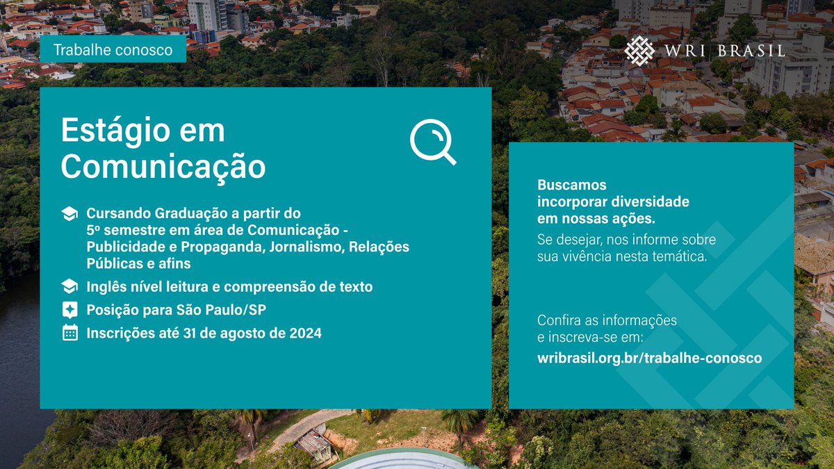 Faça parte da equipe do WRIBrasil: estamos em busca de uma pessoa para a vaga de Estágio em Comunicação.
 
Confira mais detalhes e inscreva-se em: wribrasil.org.br/trabalhe-conos…