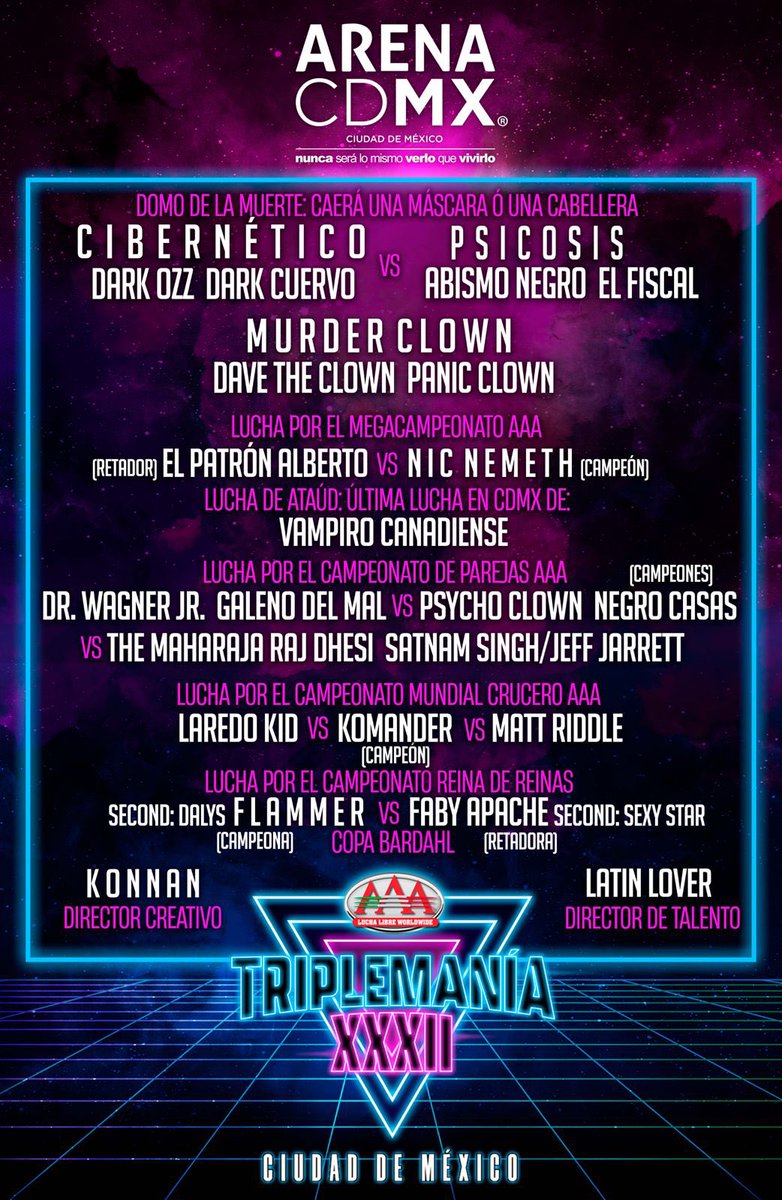 MPenaAAA's tweet photo. Faltan 2 días para el Evento de Eventos de @luchalibreaaa: #TriplemaniaXXXII desde la @ArenaCdMexico 

Boletos en taquillas y en @SuperboletosMx 

Transmisión EN VIVO por @FiteTV @canalspace @StreamMaxLA y @ClaroSports https://t.co/cOFJjh76Im