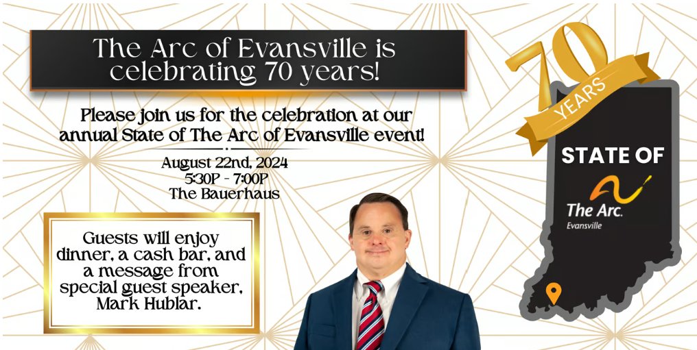 Our staff will be attending The Arc of Evansville's 70th anniversary celebration on Thursday, August 22nd, from 5:30 to 7:00 p.m. CT. Special guest and CCLC friend, Mark J. Hublar, will be speaking. Buy your tickets today: arcofevansville.harnessgiving.org/events/1878. 

#TheArcEvansville #70th