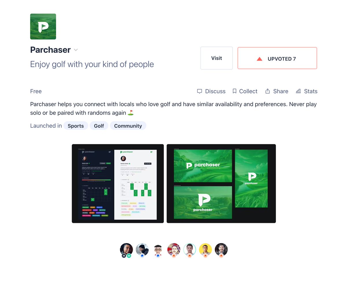 I pre-launched <a href="/parchasergolf/">Parchaser Golf</a> on <a href="/ProductHunt/">Product Hunt 😸</a> and I'd love your feedback: producthunt.com/posts/parchaser

Parchaser will help you connect with local golfers who share your love for the game and have similar availability and playing preferences.

P.S. I'm looking for a co-founder.