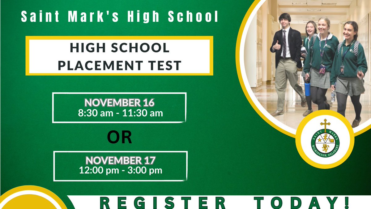 SaintMarksHS's tweet photo. Saint Mark's is hosting the High School Placement Test (HSPT) for current eighth graders.
REGISTRATION LINK - https://t.co/egbTXdPfRI
#SaintMarksHS #spartanstrong #allthingspossible #highschoolplacementtest #hspt https://t.co/P4ykFXjf6J