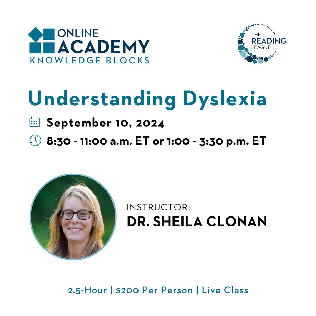 reading_league's tweet photo. There are many misconceptions about what dyslexia is &amp; is not. Join Dr. Sheila Clonan for TRL's Online Academy session, "Understanding Dyslexia," to learn about the brain's role, early signs &amp; legalities in education.

🗓️ Sept 10, 2024 

Register: https://t.co/LAoibkVYlL https://t.co/2FXtbO6CZ4