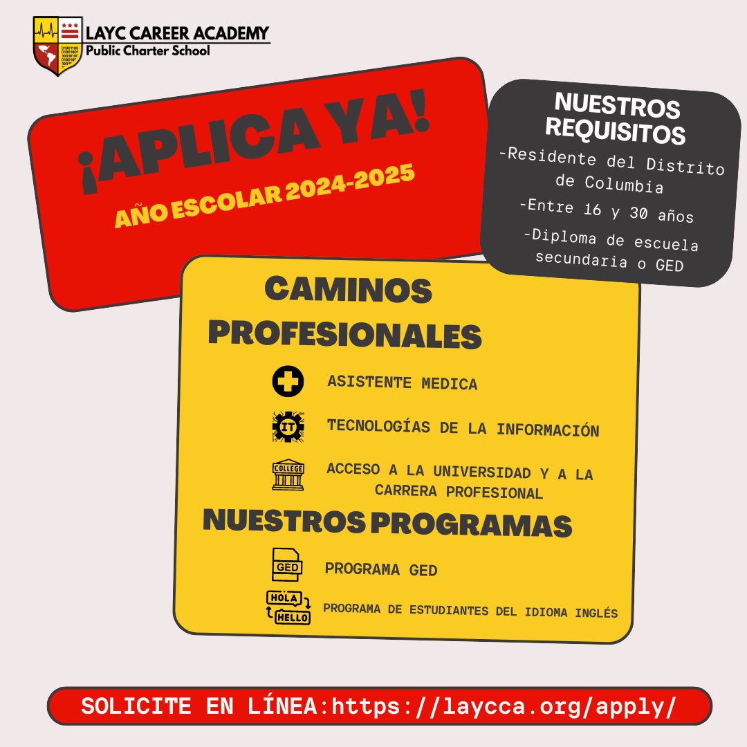Are you looking for a 100% free program to become a medical assistant, IT technician, learn English or get your GED/diploma? Apply to LAYC Career Academy today!📚✨

Submit an application online at laycca.org/apply/ or click the link in our bio!

#laycca #apply #freeprogram