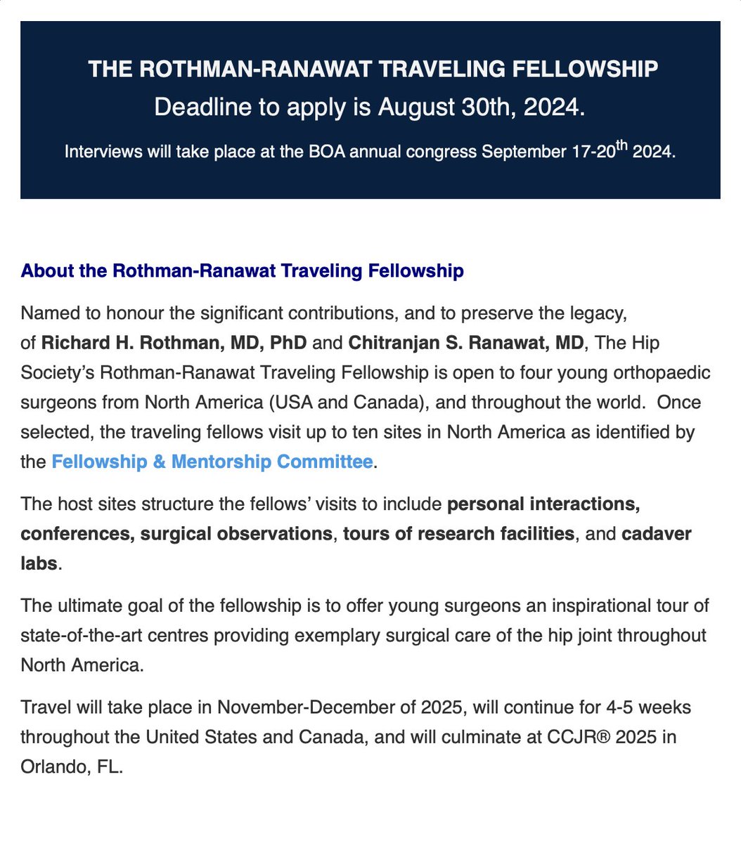 British Hip Society (@britishhip) on Twitter photo Deadline for Rothman Ranawat Fellowship ALERT: Deadline is 30th August. Applications via email only to mal@britishhipsociety.com with CV, 2 letters of recommendation, recent headshot and personal statement 👇 Deadline for Rothman Ranawat Fellowship ALERT: Deadline is 30th August. Applications via email only to mal@britishhipsociety.com with CV, 2 letters of recommendation, recent headshot and personal statement 👇