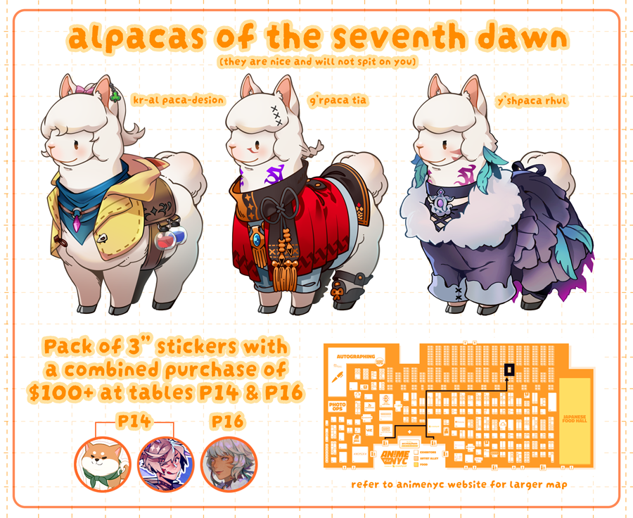 . <a href="/ebbilin/">ebbilin.bsky.social</a>, <a href="/endymade/">endy @ Animazement E18</a> and I turned some of our favorite scions into alpacas!

Visit us at AnimeNYC and get all 3 w/ any combined $100+ purchase (they'll be available for purchase separately as well)!

*disclaimer: it cannot be guaranteed that Y'shpaca may or may not spit on you
