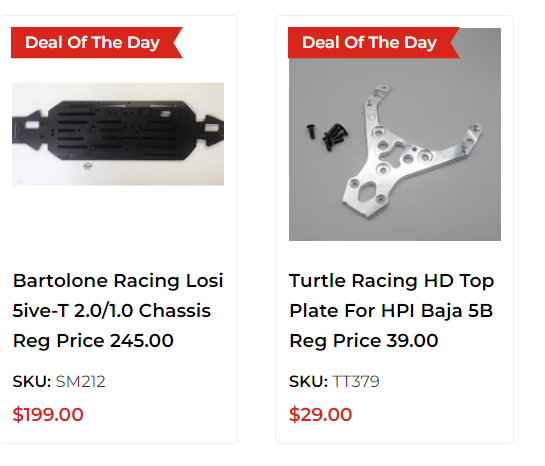 DDM Deal of the Day for 8/14/24 Bartolone 5IVE-T chassis Turtle Racing Baja 5B upper plate