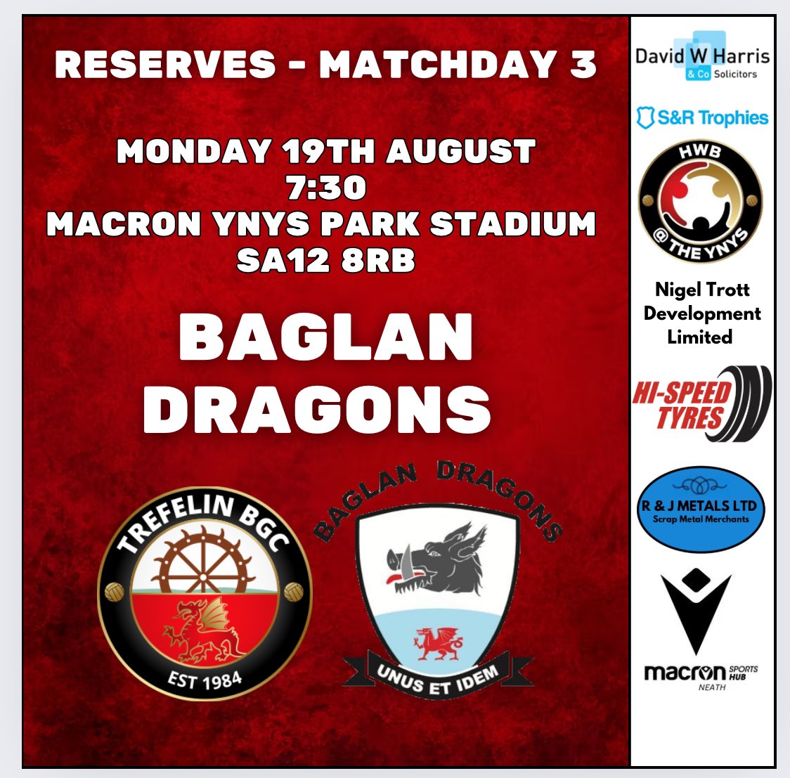 Tomorrow night we welcome <a href="/LlantwitMajorFC/">CPD Llanilltud Fawr/Llantwit Major AFC</a> to the Ynys Park for a 7:30PM kick off.

Sunday the youth play <a href="/BaglanDragons/">Baglan Dragons</a> at the Ynys Park for a 2:30PM kick off.

Monday the reserves also play <a href="/BaglanDragons/">Baglan Dragons</a> for a 7:30PM kick off at the Ynys Park.