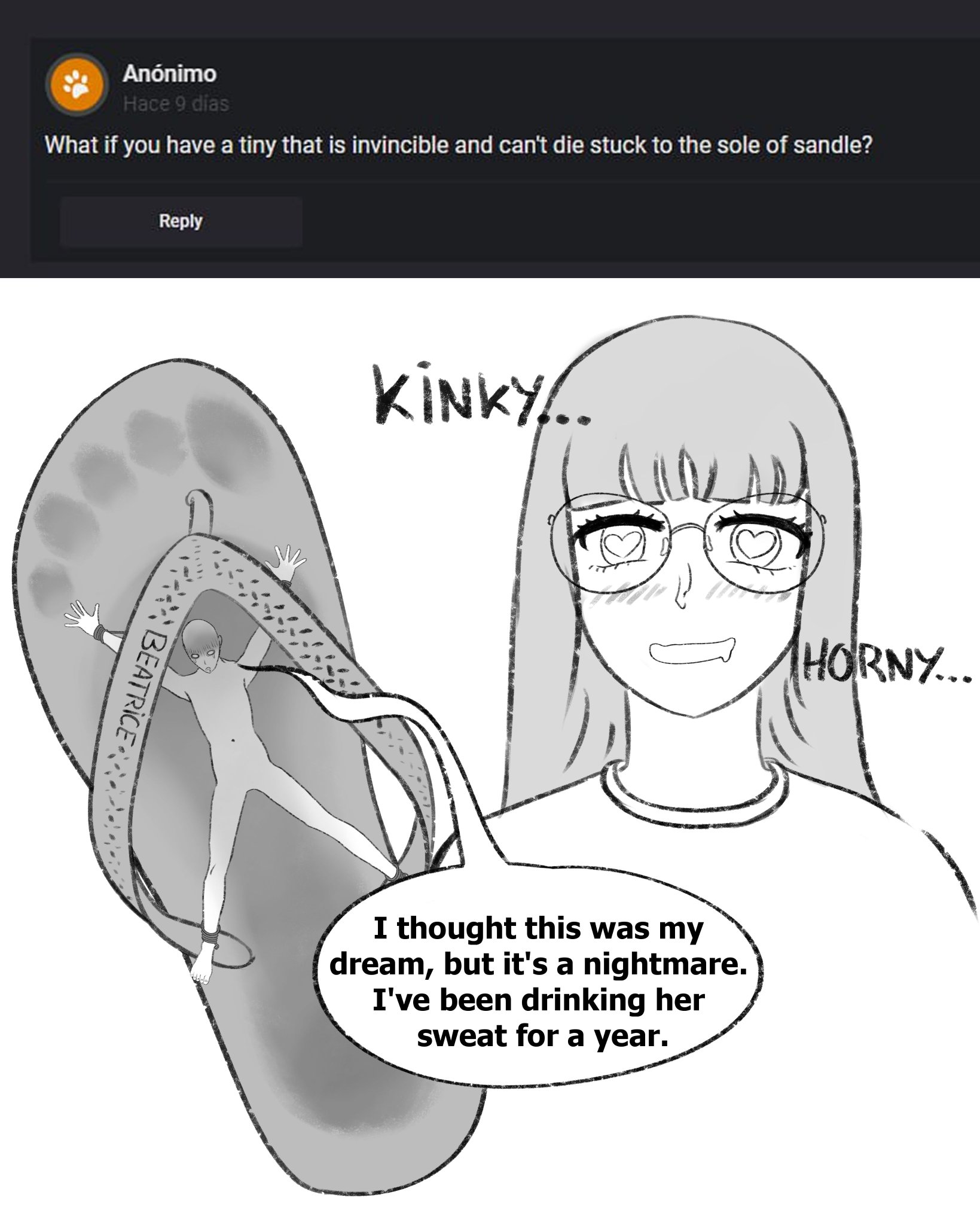 I always think that the people who ask me for these things would quickly regret it... Thank goodness I'm the one who decides! I will try to do this format of answering questions like this! ^^ remember to visit my Curious cat Draw by: @AullikDraws #sizetwitter #giantess https://t.co/yUQ7LxMzst