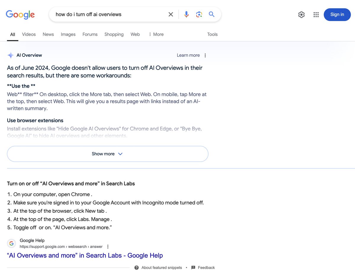 rustybrick's tweet photo. Google confirmed with me just now they are showing AI Overviews in the US for signed-out users https://t.co/Oce5I1zYMO https://t.co/O5Nr4gtdLj