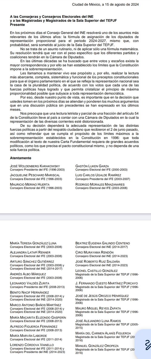 CiroMurayamaMx's tweet image. Aquí la respetuosa carta que dirigimos al @INEMexico y al @TEPJF_informa 

La firmamos ex consejer@s del IFE-INE y ex magistrad@s del Tribunal.

Llamamos a evitar una sobrerrepresentación inconstitucional, a hacer valer la voluntad popular depositada en las urnas el 2 de junio👇