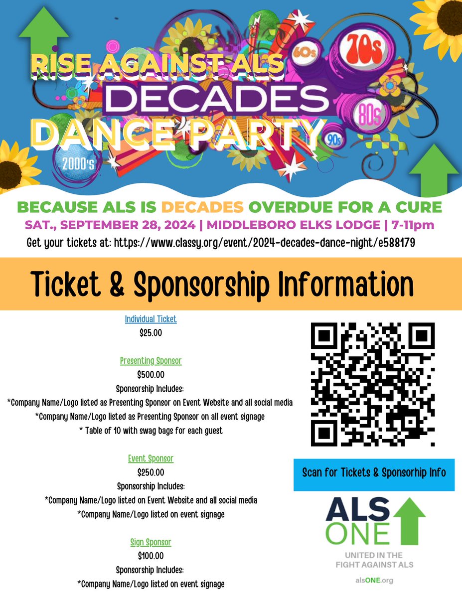 BostonALSQueen's tweet photo. Join us on Sept. 28 at the Middleboro Elks for our Rise Against ALS Decades Dance Party for ALS ONE! Tickets and sponsorships are available now. Please visit https://t.co/8OGWDDve3l for more information. https://t.co/be59Tv1pPD
