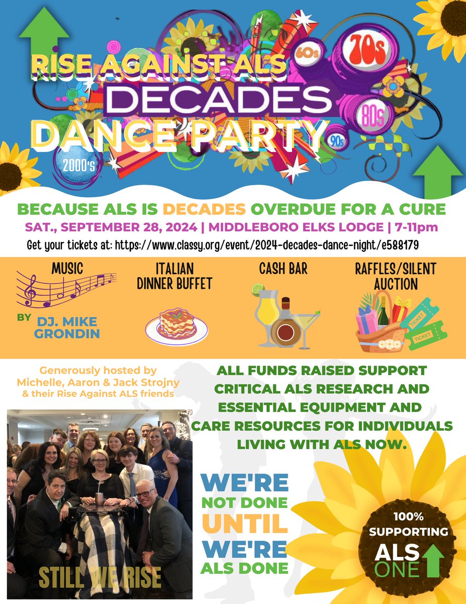 BostonALSQueen's tweet photo. Join us on Sept. 28 at the Middleboro Elks for our Rise Against ALS Decades Dance Party for ALS ONE! Tickets and sponsorships are available now. Please visit https://t.co/8OGWDDve3l for more information. https://t.co/be59Tv1pPD