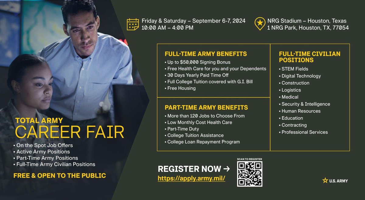 DoDMunitions's tweet photo. #JoinUs as a @USArmy Soldier or Civilian! 🇺🇸 Our next #TotalArmy Career Fair is coming up ⬇️
@DeptofDefense @ArmyMateriel @SecArmy @ArmyChiefStaff @USArmySMA @TRADOC @FORSCOM @usarec @armyfutures @Arsenal_Island @NationalGuard @USArmyReserve @USArmySFL @army_ACCMA @SecDef https://t.co/QryBvmV71p