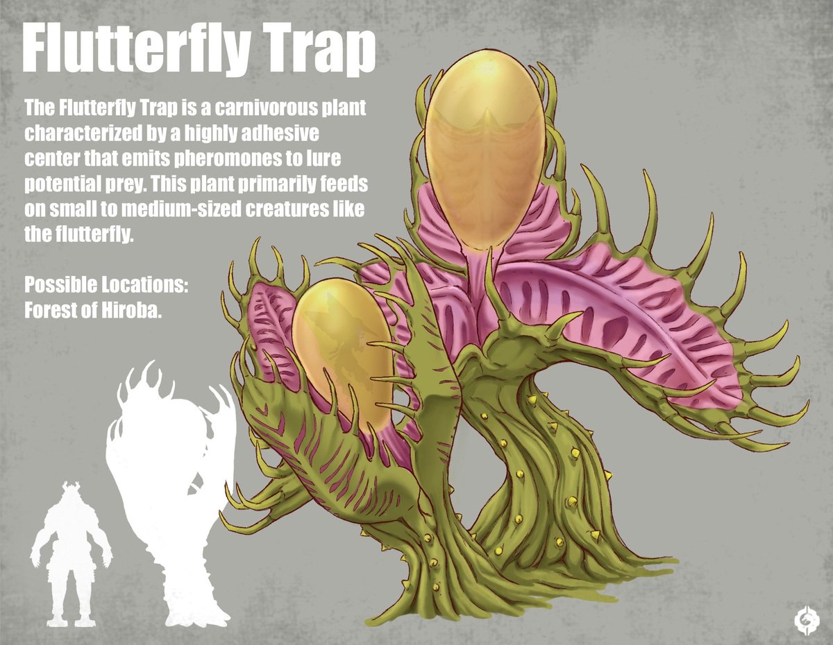 The carnivorous Flutterfly Trap lures Flutterfly and other small to medium-sized creatures with irresistible pheromones. Once enticed, the creatures find themselves trapped in the plant's adhesive center. Explorers should take heed: touching the inside of these plants can lead to