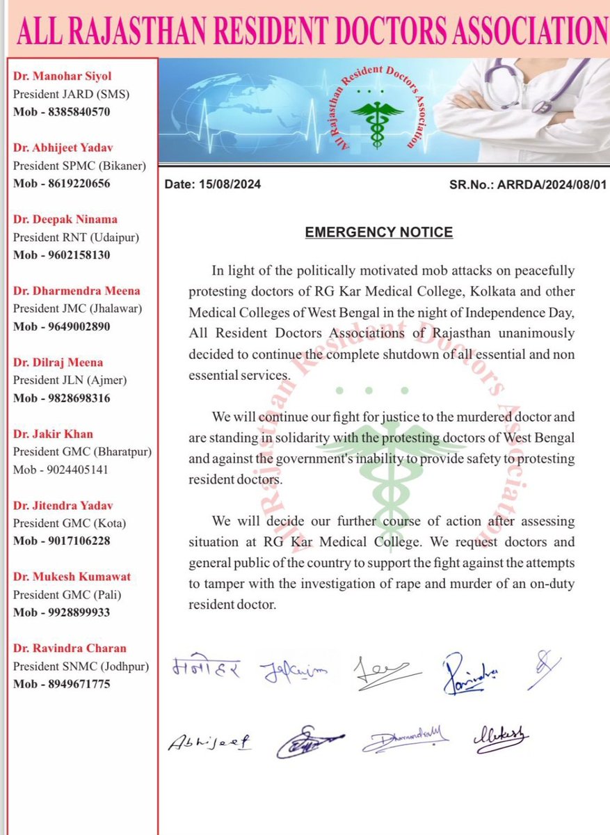 DIL_KI_BAATEN01's tweet image. All Rajasthan Resident Doctors Association has announced complete shutdown of all Non-Essential and Essential Services including EMERGENCY 🚨

Highly appreciable, Great move 👏

#DoctorsSafety