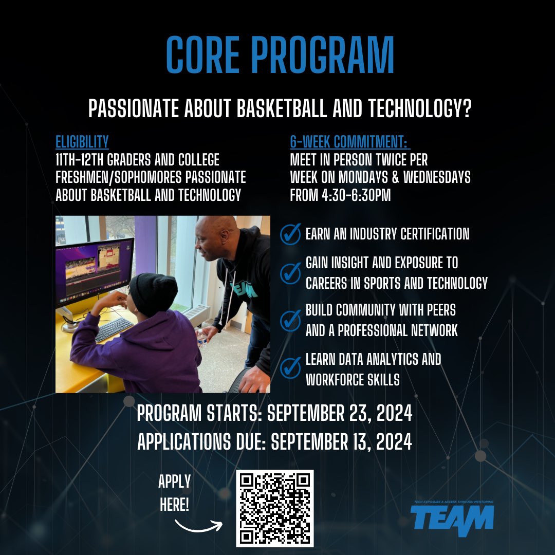 We are currently accepting applications for our Fall Core Program! Apply now with the QR code or with the link in our bio 🚨🏀💻