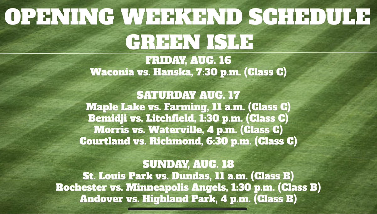 Kovar_HJsports's tweet image. The 2024 Minnesota Amateur State Baseball Tournament gets underway tomorrow at four ballparks. Here’s a look at the schedule for the first weekend of games at each park.