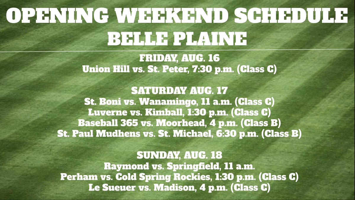 Kovar_HJsports's tweet image. The 2024 Minnesota Amateur State Baseball Tournament gets underway tomorrow at four ballparks. Here’s a look at the schedule for the first weekend of games at each park.
