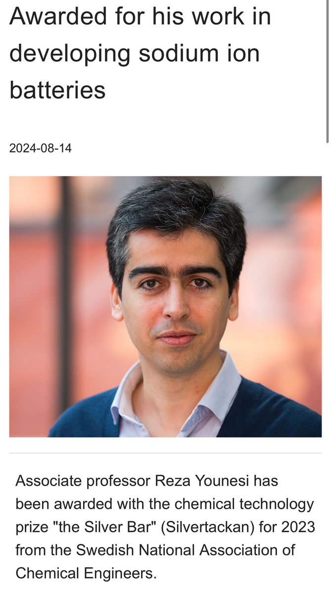 Associate Professor Reza Younesi (<a href="/younesi/">Reza Younesi</a>) receives the award from the Swedish National Association of Chemical Engineers for his work in developing sodium ion batteries, both as a researcher at Uppsala University and in the company Altris AB. Congratulations! <a href="/chem_angstrom/">Department of Chemistry - Ångström</a>