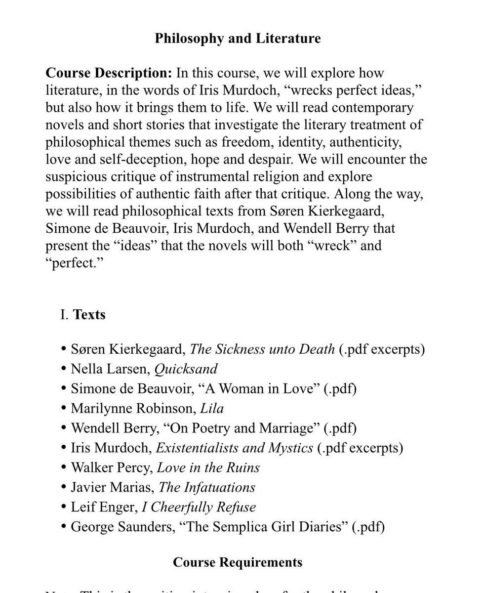 This semester I get to design and teach a class called Philosophy and Literature and I CANNOT WAIT.