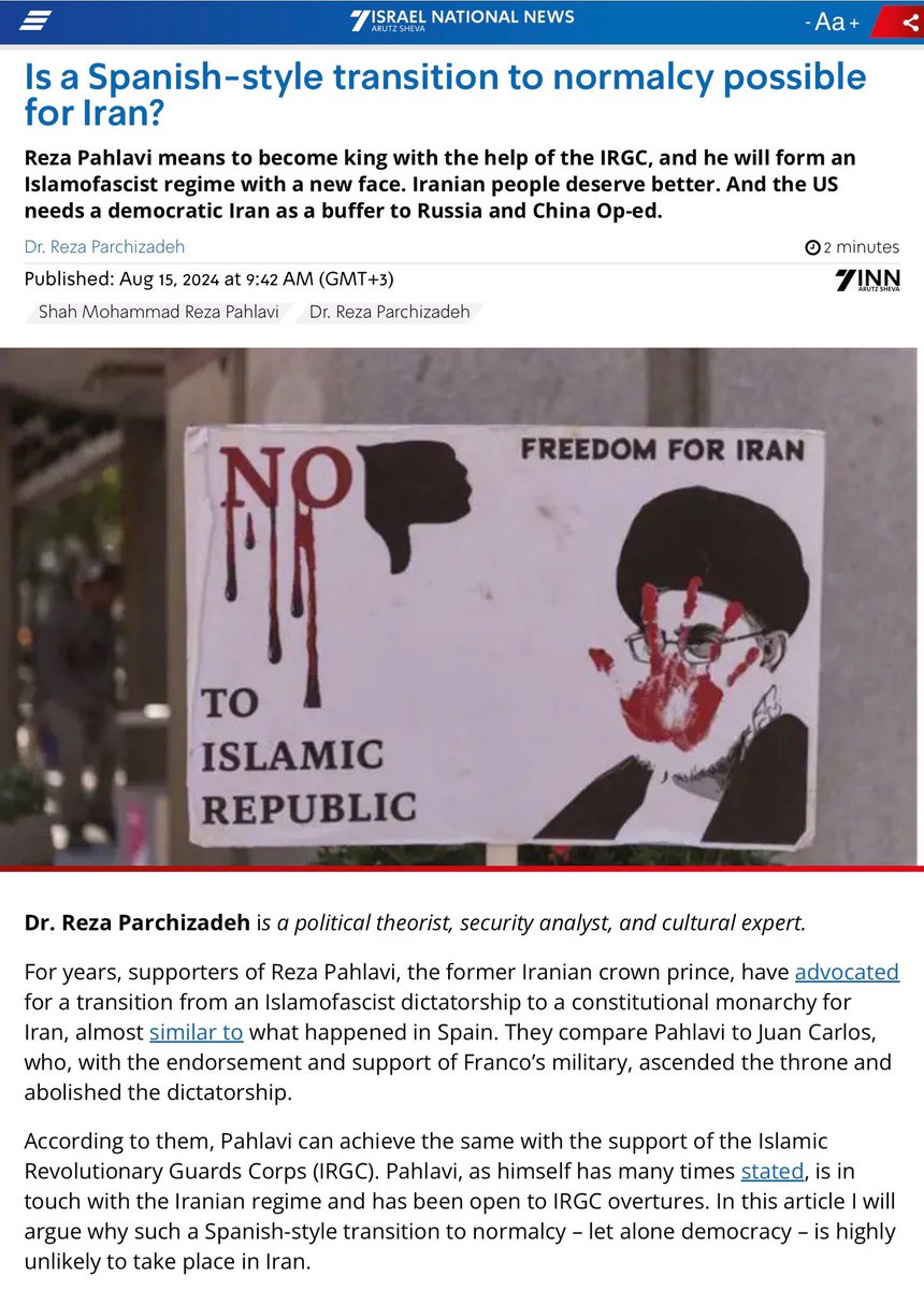 DrParchizadeh's tweet photo. هم‌میهنان گرامی، مقاله‌ مستند من درباره اینکه چگونه رضا پهلوی و جریان پهلوی‌طلب در همکاری با دستگاه امنیتی جمهوری اسلامی و سپاه تروریستی چوب لای چرخ آرمان دموکراسی‌خواهی در ایران می‌گذارند توسط روزنامه «اَروتس شِوا» یا خبرگزاری ملی اسرائیل منتشر شد. این مقاله برای شماری از سیاستمداران اسرائیلی و آمریکایی ارسال شده است. در آن توضیح داده‌ام که ضدیت پهلوی‌طلبان با «ارزش‌های آمریکایی» مثل دموکراسی، لیبرالیسم، و برابری انسان‌ها باعث می‌شود آنها حتی اگر در ایران به قدرت برسند، نتوانند منافع ایالات متحده و متحدان منطقه‌ای آن را تامین کنند، چرا که با اقدام علیه ارزش‌های آمریکایی، ایران و منطقه را بی‌ثبات نگاه خواهند داشت و به بستری برای نفوذ انواع و اقسام جریانات ضدآمریکایی، شامل اسلامگرایان، روس‌ها و چینی‌ها تبدیل خواهند کرد. تاکید کرده‌ام که آمریکا به جای بال و پر دادن به جریانی که هم خودش و هم متحدان رژیمی‌اش در نهاد دشمن ارزش‌های غربی هستند، باید روی تاسیس یک دموکراسی لیبرال دوستدار غرب در ایران تمرکز کند. لطفا بخوانید و شر کنید تا افراد بیشتری بدانند. #IRGCterrorists
https://t.co/VOaITPCxfX