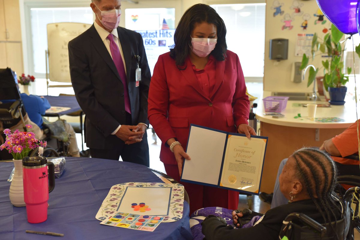 SF_DPH's tweet photo. Mayor @LondonBreed joined staff and residents to celebrate the successful end of our fight to keep Laguna Honda open for today and future generations of San Franciscans! Together with the Mayor, we welcomed new residents and celebrated Mrs. Emma turning 100 years old! https://t.co/DvtgXelvMj