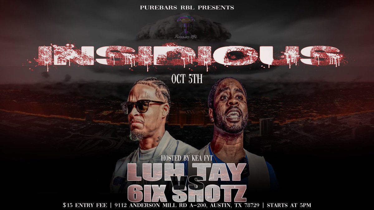 It’s what y’all been waiting for!!!!!! Oct 5th. Nate Luh Tay Ulrich (Luh Tay) vs Leel Washington (6ix Shotz)

#purebarsrbl #pbrbl #austintx #roundrocktx #pflugerville
