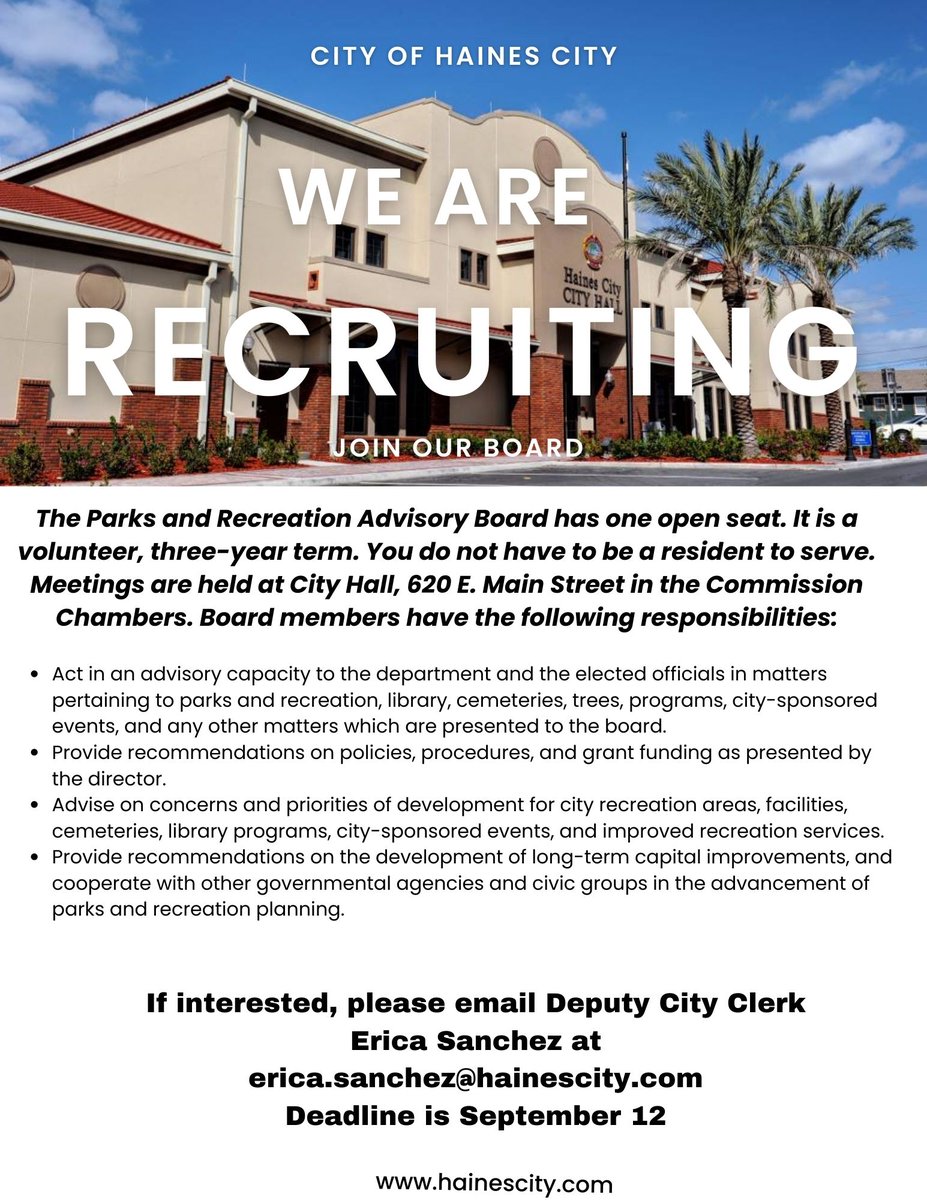 Attention all Parks and Recreation Enthusiasts! We have an open position on our Parks and Recreation Board. See below for more details.