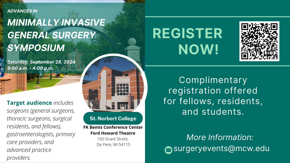 MCW Surgery (@mcwsurgery) on Twitter photo 📣Register Now!📣 <a href="/MedicalCollege/">Medical College of Wisconsin</a> Dept. of Surgery 2024 <a href="/MCWMIGS/">MCWMIGS</a> Symposium will be held on Sat. 9/28/24! The symposium will feature Jeffrey Marks, MD, Archana Ramaswamy, MD, MBA, FACS, and <a href="/EzraTeitelbaum/">Ezra Teitelbaum</a>! Scan the QR code to register! <a href="/joncgould/">Jon Gould</a> <a href="/goldblattmatt/">Matthew Goldblatt</a> #LeadingTheWay 📣Register Now!📣 <a href="/MedicalCollege/">Medical College of Wisconsin</a> Dept. of Surgery 2024 <a href="/MCWMIGS/">MCWMIGS</a> Symposium will be held on Sat. 9/28/24! The symposium will feature Jeffrey Marks, MD, Archana Ramaswamy, MD, MBA, FACS, and <a href="/EzraTeitelbaum/">Ezra Teitelbaum</a>! Scan the QR code to register! <a href="/joncgould/">Jon Gould</a> <a href="/goldblattmatt/">Matthew Goldblatt</a> #LeadingTheWay