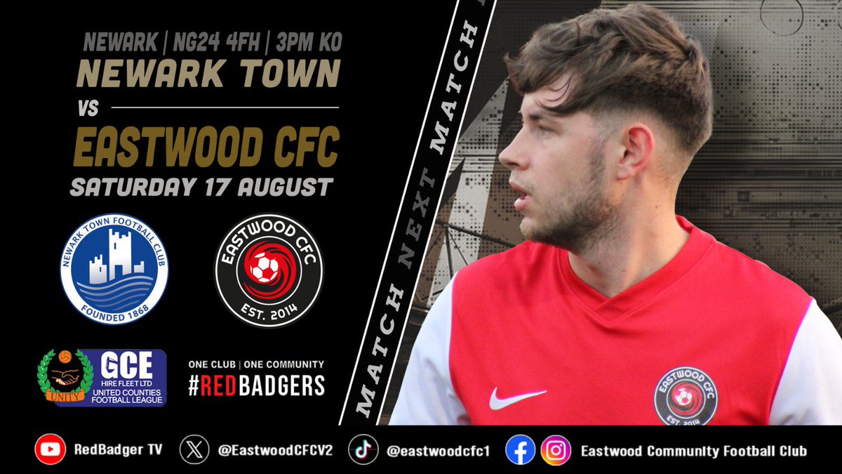 EastwoodTownFC's tweet photo. 🚗 We are on the road this weekend where we take on Newark Town

📆 Saturday 17th August
🏆 @utdcos Premier North
🆚 @NewarkTownFC 
🕒 3pm KO
🏟️ YMCA Newark &amp; Sherwood Sports Community and Activity Village
📍 NG24 4FH

#RedBadgers 🔴⚫️ https://t.co/8LM2Yio46v