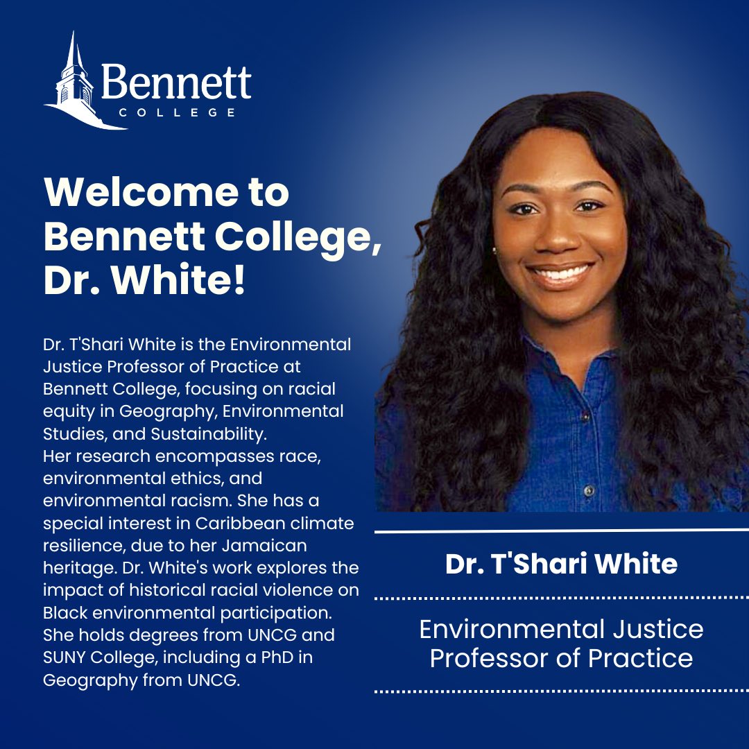 BennettCollege's tweet photo. Join us in welcoming Dr. T'Shari White, who comes to Bennett College as an Environmental Justice Professor of Practice. Dr. Whites's focus is on racial equity in Geography, Environmental Studies, and Sustainability.
Read more below!
#FacultyandStaffNews #NewHires #TeamBennett https://t.co/R4nZGwIWXP