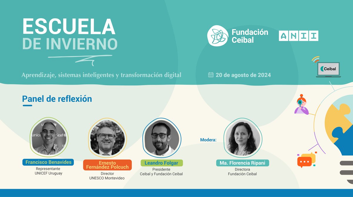 🔵Francisco Benavides, representante <a href="/UNICEFuruguay/">UNICEF Uruguay</a>, Ernesto Fernández Polcuch, director <a href="/UNESCOmvdo/">UNESCO Montevideo 🏛</a> y <a href="/leandro_folgar/">Leandro Folgar</a>, presidente <a href="/Ceibal_Uy/">Ceibal</a> y <a href="/fundacionceibal/">Fundación Ceibal</a> reflexionarán sobre la ponencia del experto <a href="/VincentLancrin/">Stéphan Vincent-Lancrin</a>🎒💻  

Modera: <a href="/fripani/">M. Florencia Ripani</a>, directora <a href="/fundacionceibal/">Fundación Ceibal</a>