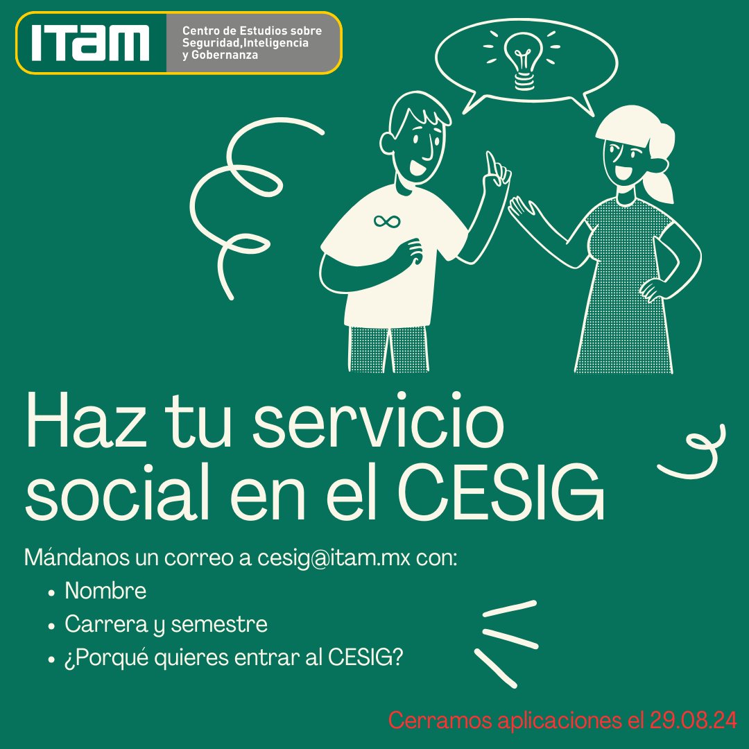 CesigItam's tweet photo. ¡Atención itamitas! ¿Quieres trabajar con expertos, aprender técnicas innovadoras y contribuir a proyectos impactantes en materia de Seguridad?
Si estás en 4to semestre o más, libera tu servicio social en el #CESIG, ¡Aplica ahora! https://t.co/NJb7OloauT