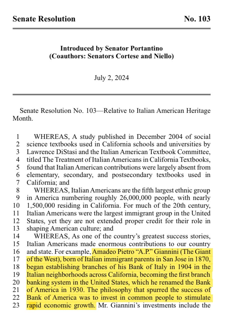 Learn something new everyday. Who knew <a href="/BankofAmerica/">Bank of America</a> was founded in CA and was originally Bank of Italy 🇮🇹!? Thanks <a href="/Portantino/">Anthony Portantino</a> for bringing this reso forward.