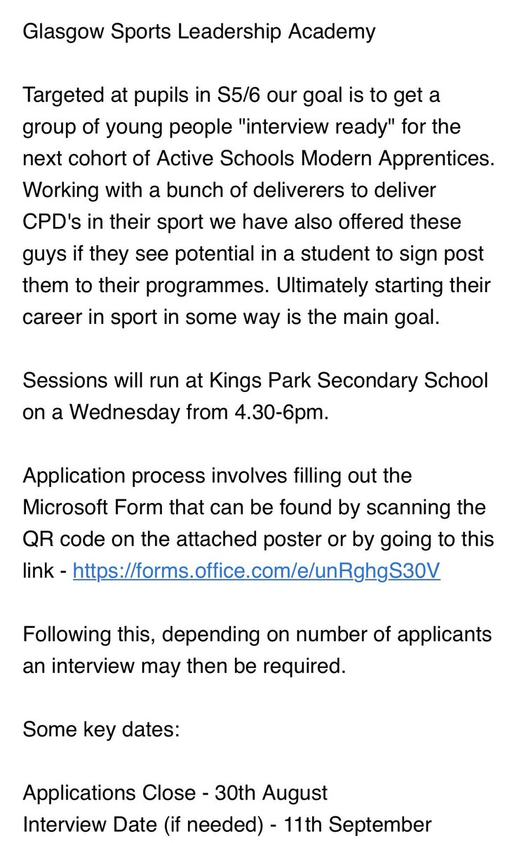 ASGKingsPark's tweet photo. 🚨Glasgow Sports Leadership Academy🚨

Targeted at S5/6 pupils who aspire to join the world of work through sport!

All details as well as my contact info is attached below.

Form to apply can be found at this link - https://t.co/gYDljoIEop

@PEPASSGlasgow @PEPASS_Leaders https://t.co/NZCpTTgHvM