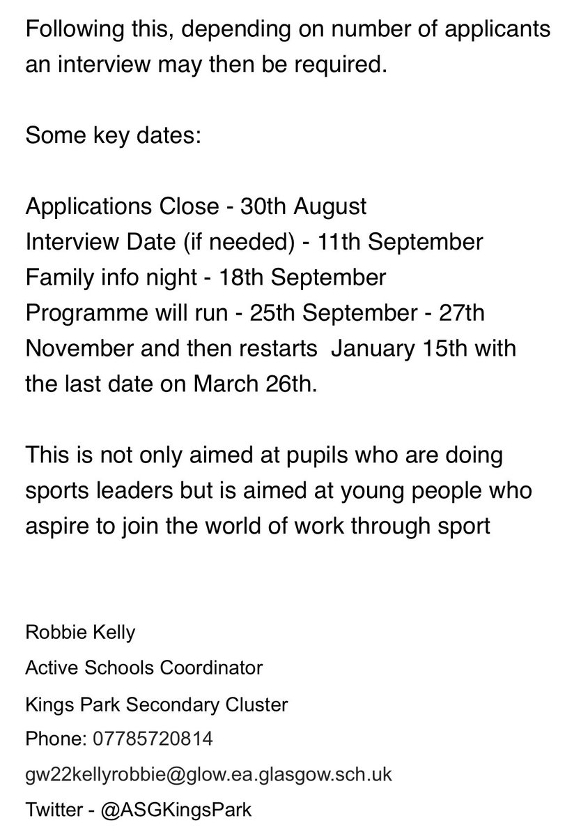 ASGKingsPark's tweet photo. 🚨Glasgow Sports Leadership Academy🚨

Targeted at S5/6 pupils who aspire to join the world of work through sport!

All details as well as my contact info is attached below.

Form to apply can be found at this link - https://t.co/gYDljoIEop

@PEPASSGlasgow @PEPASS_Leaders https://t.co/NZCpTTgHvM