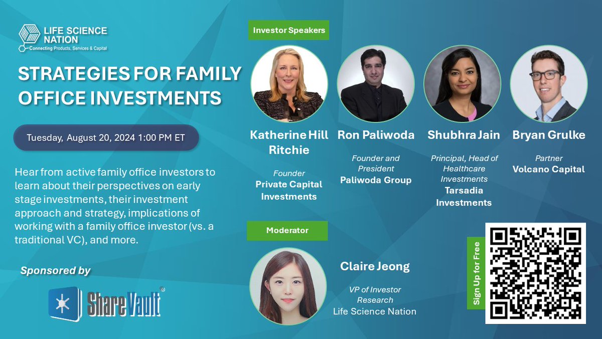 LSciNation's tweet photo. Family Office Investors Reveal Early-Stage Investment Insights!  
Date: Tuesday, August 20 @ 1 PM ET
Discover: 🚀 Early-stage investment perspectives and unique strategies
FREE WEBINAR
 #familyoffices  #InvestmentStrategies #earlystage #lifescience #HealthcareInnovation https://t.co/iVZGonuqrH