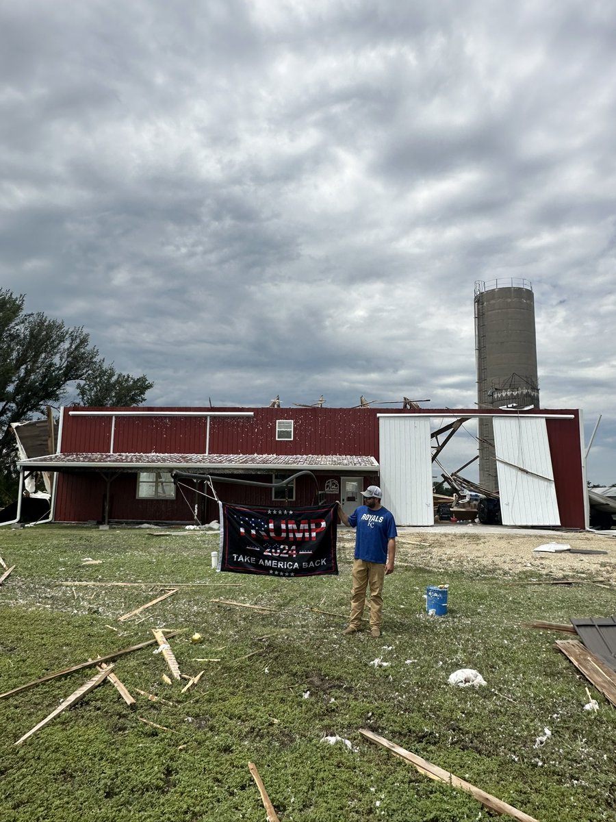thattrackkid's tweet photo. @realDonaldTrump @elonmusk The Trump flag weathered the storm. However, my buddies house was destroyed during severe weather in Galva, KS last night. #Trump2024 https://t.co/4CUT9ZoxGJ